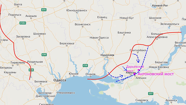 Предполагаемые пути продвижения ВСУ для взятия Херсона