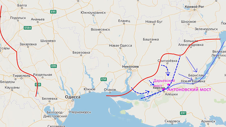 Возможные пути продвижения ВСУ в случае удачи со взятием Херсона