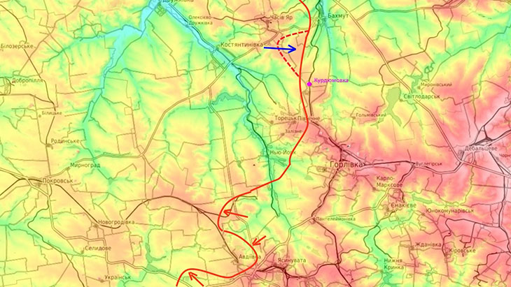 Топографическая карта местности в районе Бахмута - Горловки - Авдеевки