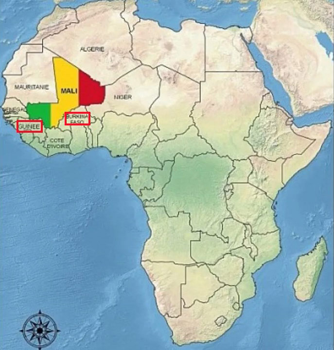Мали, Гвинея и Буркина-Фасо на карте Африки