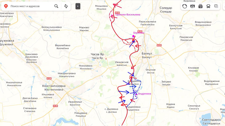 Продвижение российских войск вперед в районе Берховки и Клещеевки