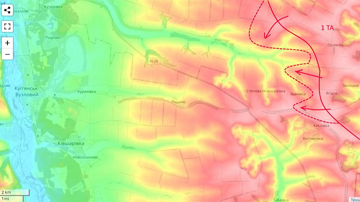 Рельефная карта местности в районе Кисловки на Купянском направлении