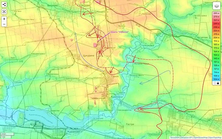 войска продолжают атаковать не только в районе Украинска, но и севернее города, пытаясь зайти за террикон
