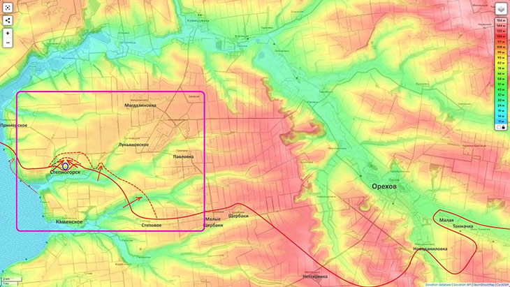 Группировка «Днепр» начинает заворачивать свой левый фланг на северо-восток, заходя во фланг и в тыл ореховской группировке противника
