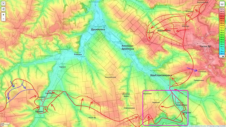 Есть прорыв к Константиновке с юга, из района Иванополья по направлению к населенному пункту Бересток
