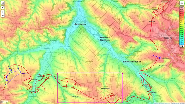 8-я армия, опираясь на район Русина Яра, продолжает двигаться в сторону Дружковки, а также пытается по трассе двигаться с юго-запада на Константиновку