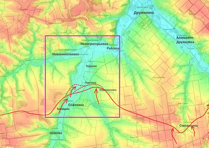 Движемся на Новогригорьевку, Новониколаевку вдоль реки Казенный Торец по обоим ее берегам