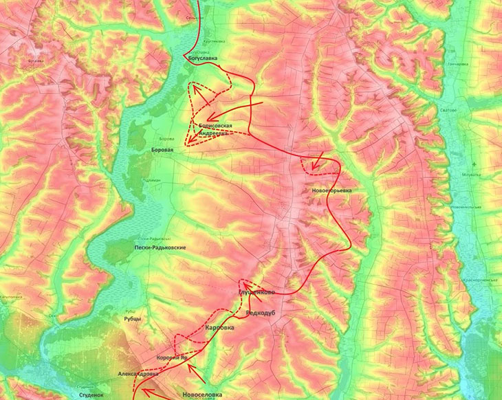 Мы широким фронтом движемся по направлению к Пескам-Радьковским и Рубцам