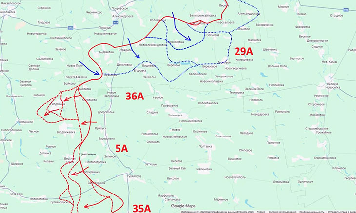 Противник пытается закрепляться в большущей серой зоне в полосе правого фланга 36-й армии и 29-й армии
